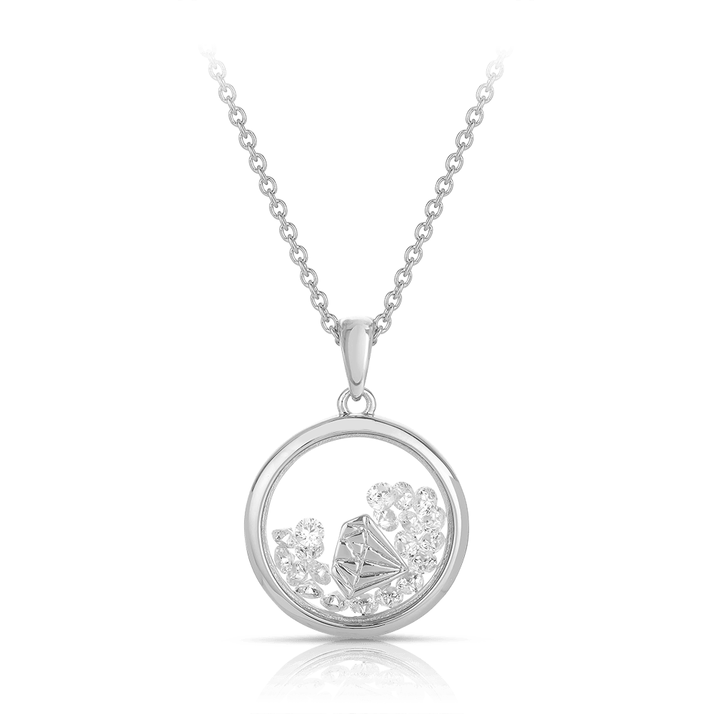 Sterling Silver With Floating Cubic Zirconia Pendant Necklace - A