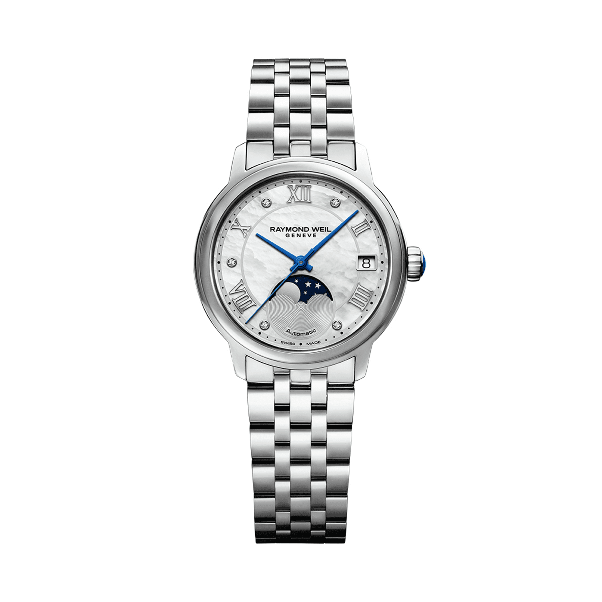 Raymond Weil Women s Maestro Stainless Steel Automatic Moon Phase Dress Watch Mother Of Pearl Diamond Dial 2139 ST 00965