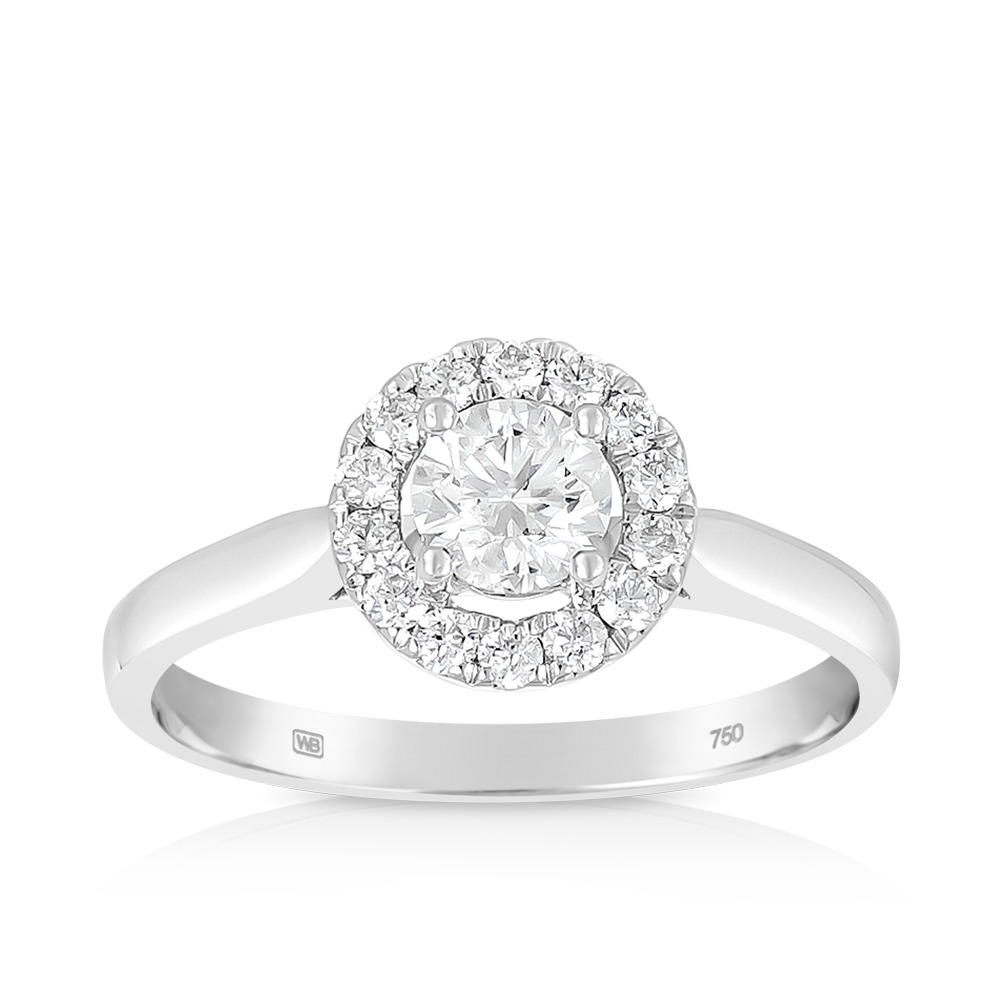 Round Brilliant Cut Diamond Halo Engagement Ring in 18ct White Gold