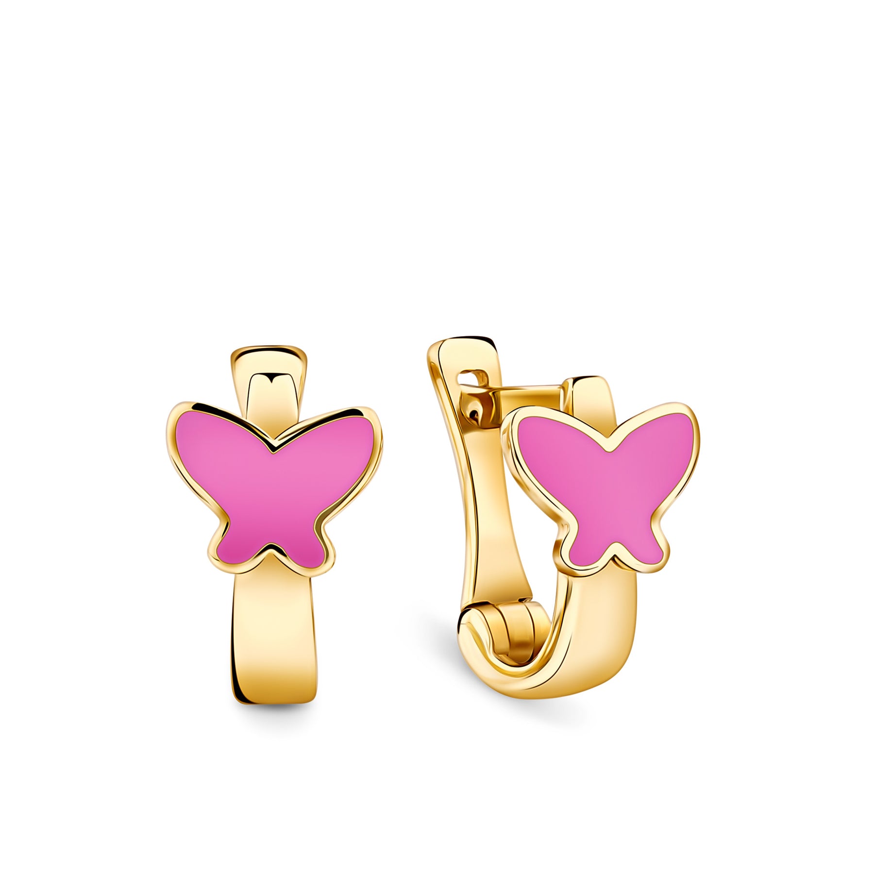 Pink Butterfly Enamel Huggie Earrings in 9ct Yellow Gold