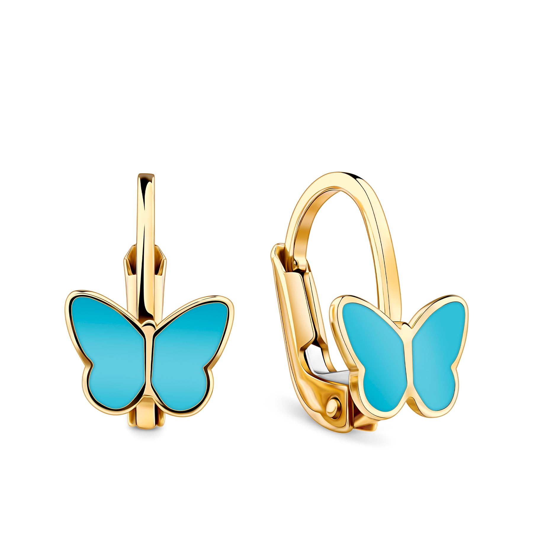 Blue Butterfly Enamel Huggie Earrings in 9ct Yellow Gold