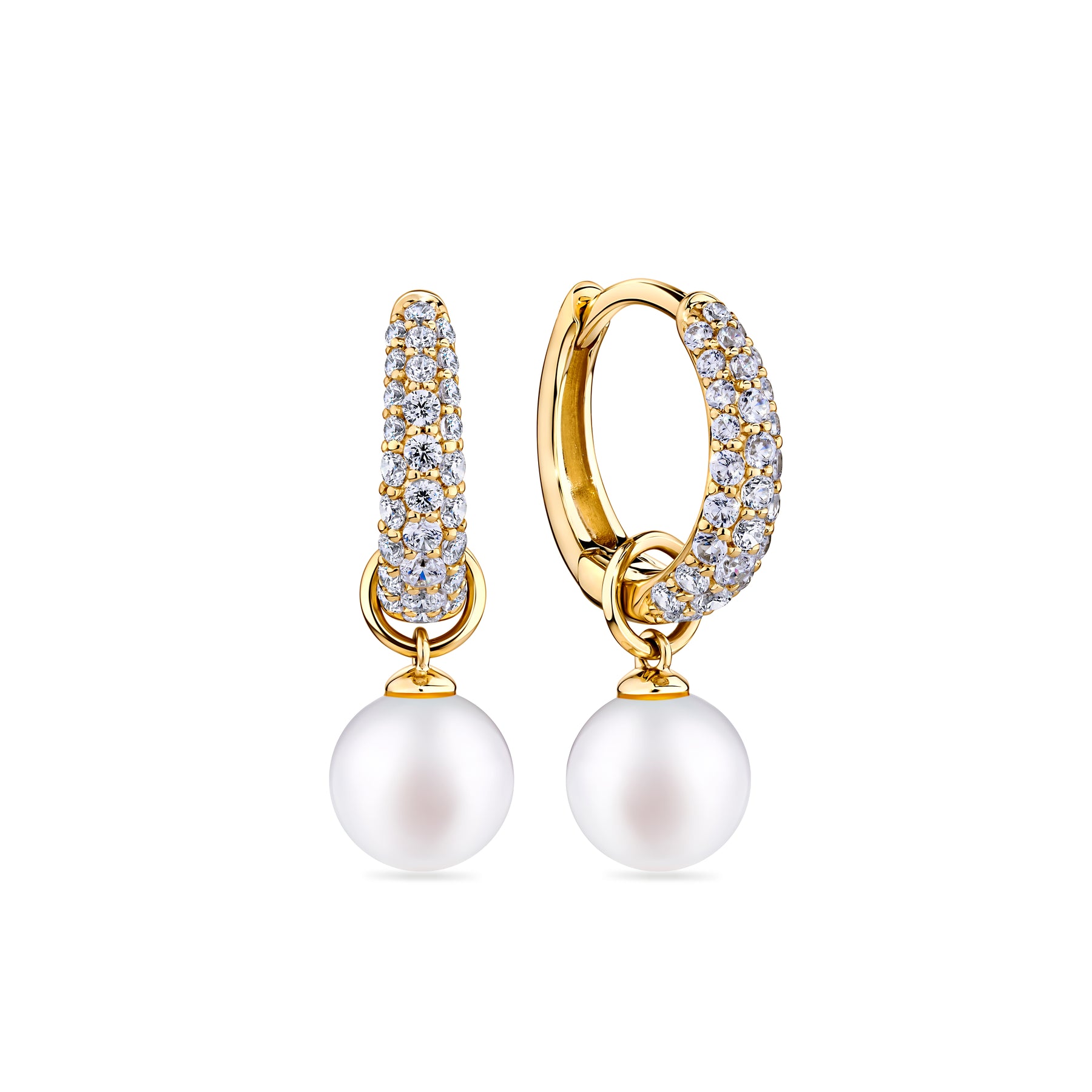 Freshwater Pearl and Cubic Zirconia Huggie Earrings in 9ct Yellow Gold