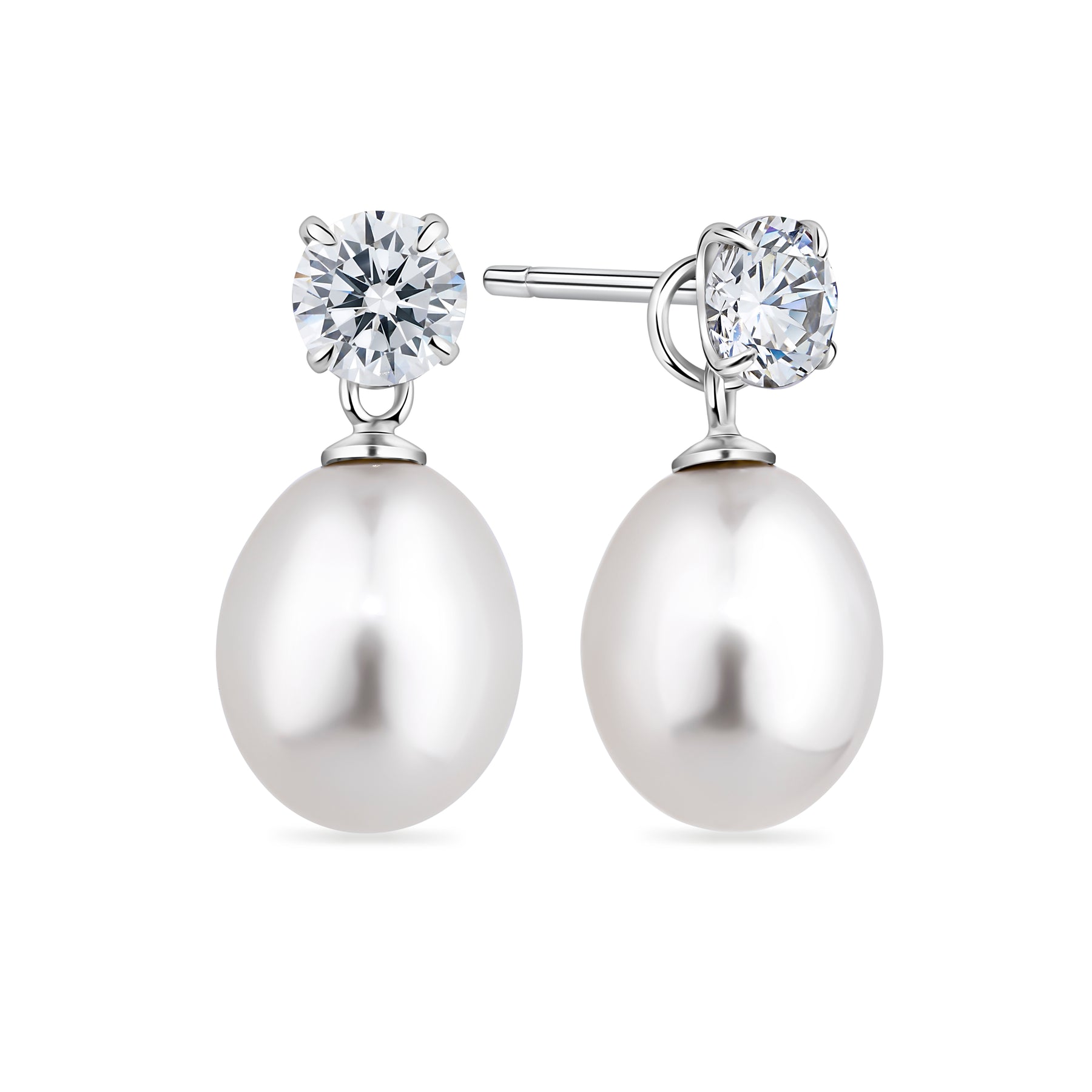 Freshwater Pearl and Cubic Zirconia Earrings in Sterling Silver Rhodium Plate