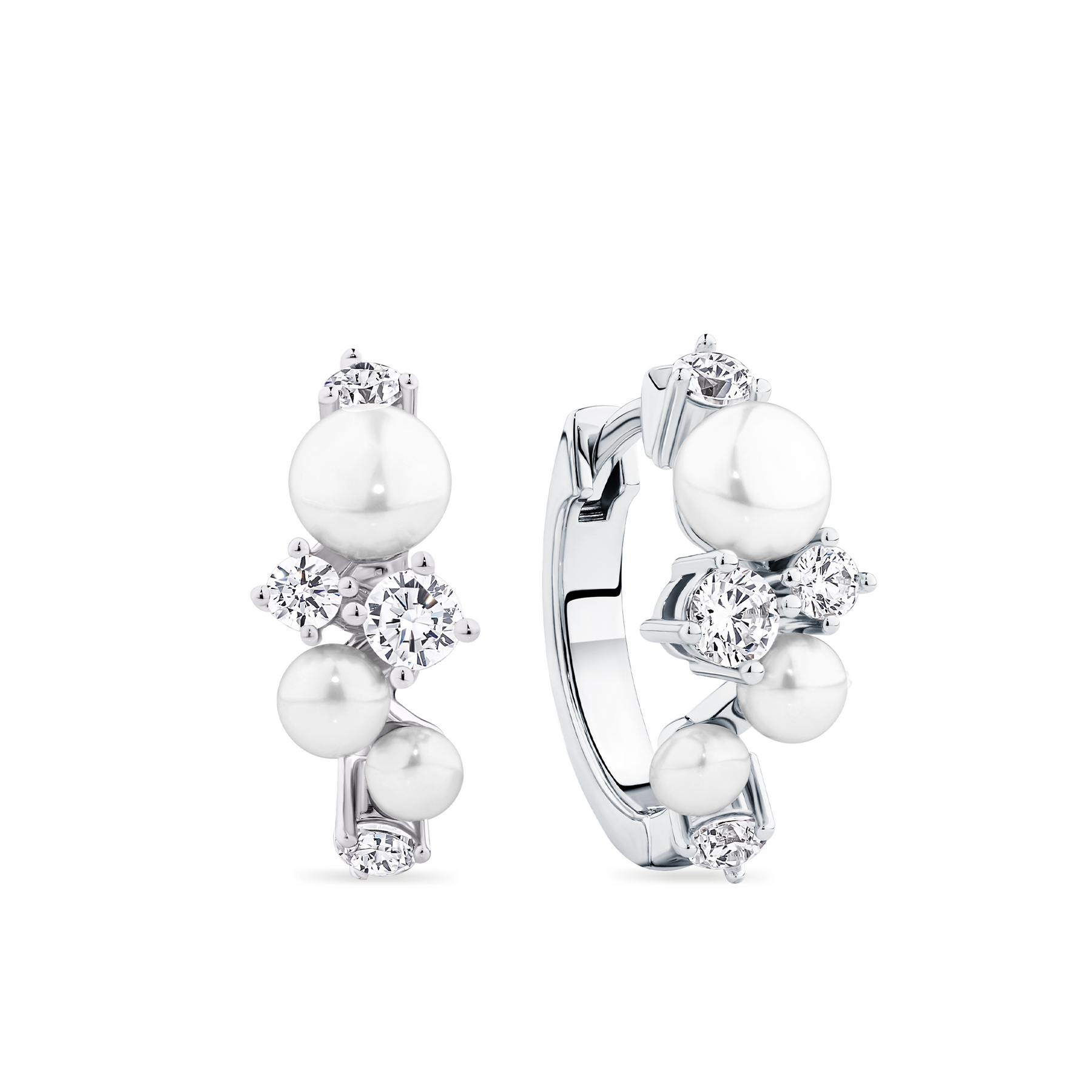 Freshwater Pearl and Cubic Zirconia Scattered Huggie Earrings in Sterling Silver Rhodium Plate