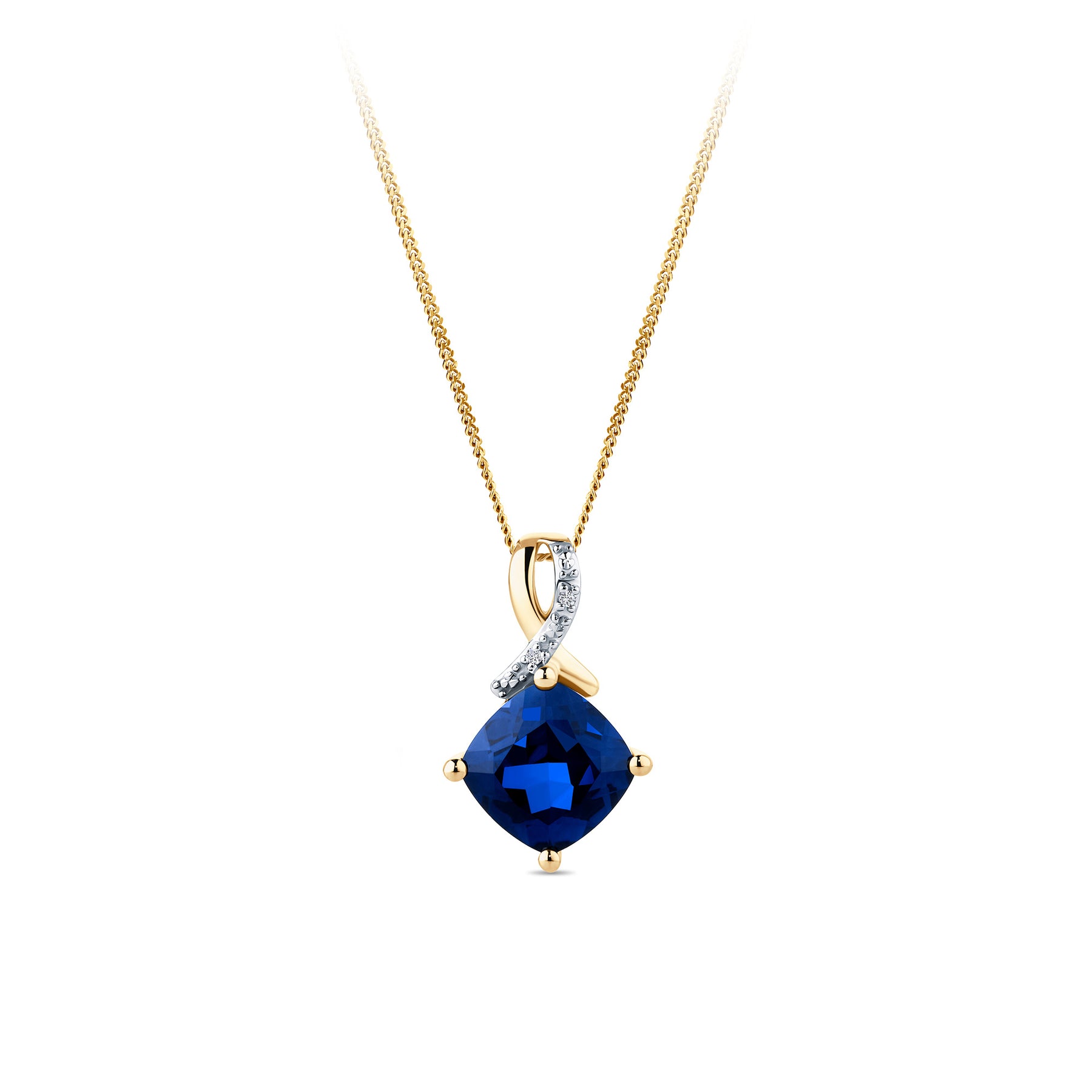 Claw Set Sapphire & Diamond Drop Pendant in 9ct Yellow Gold