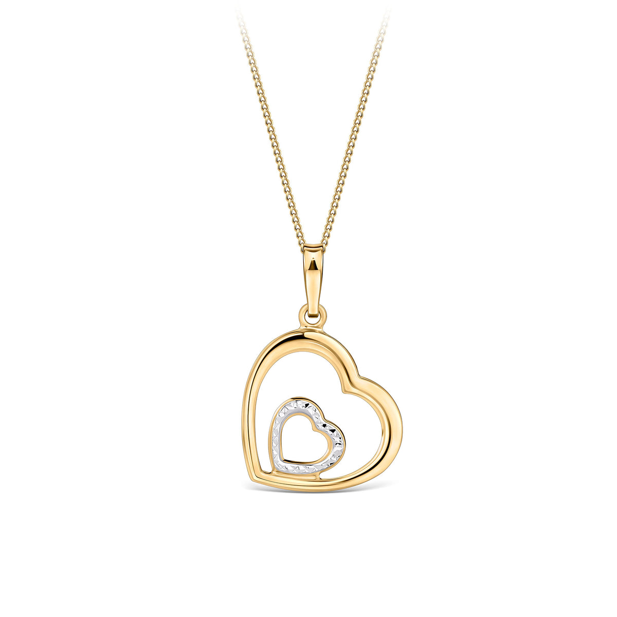 Double Heart Diamond Cut Pendant in 9ct Yellow Gold