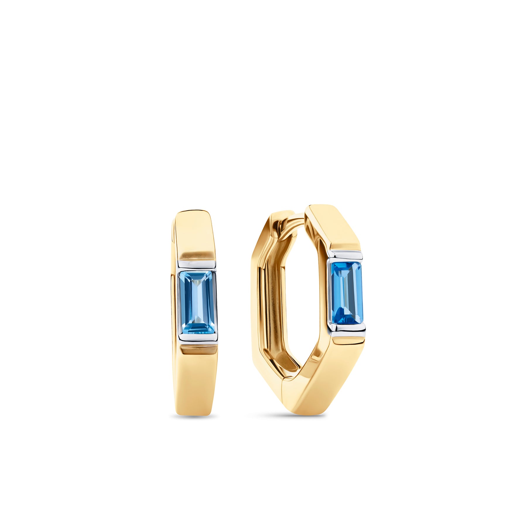 Blue Topaz Hexagonal Huggie Earrings in 9ct Yellow Gold