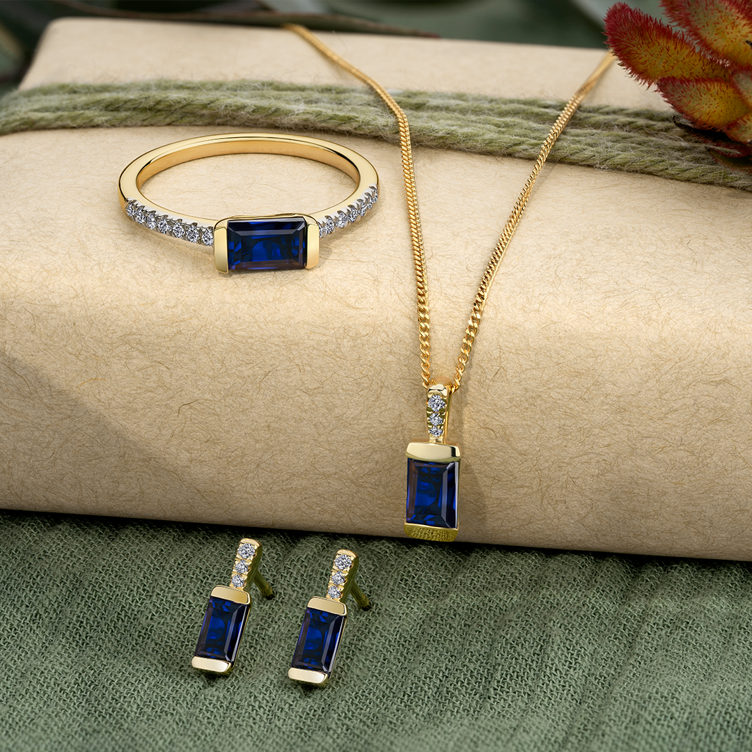 Created Sapphire & Diamond Stud Earrings in 9ct Yellow Gold