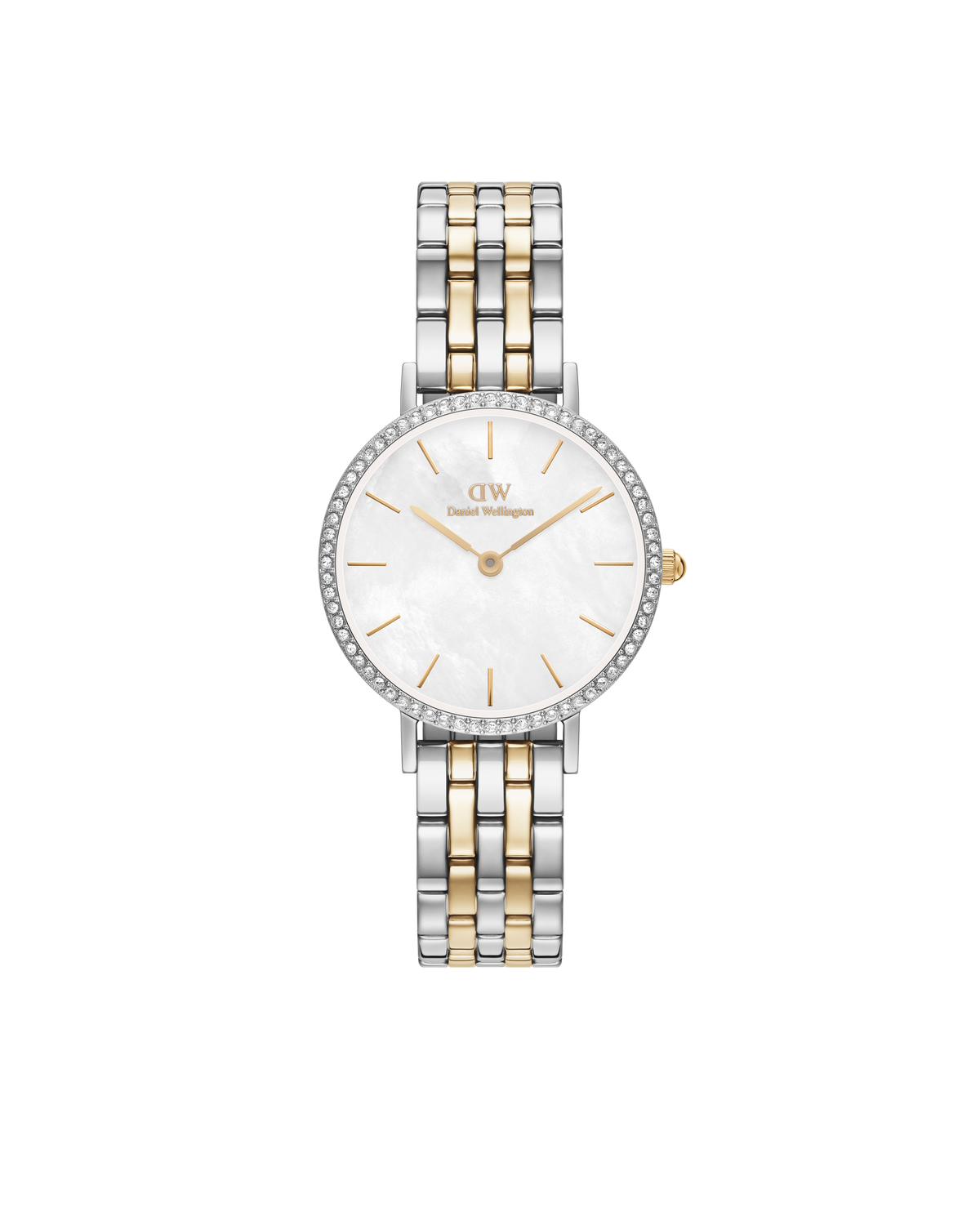 Daniel Wellington Petite 28 Bezel 5-Link White Mother of Pearl Two-Tone Gold & Silver Watch