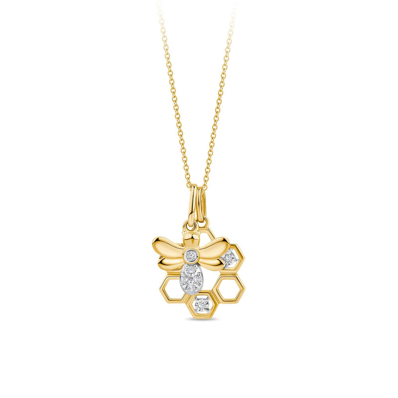 Diamond Bumble Bee And Honeycomb Pendant With Chain In 9ct Yellow Gold