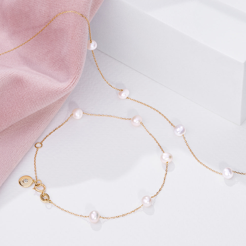 Freshwater Pearl Station Bracelet in 9ct Yellow Gold