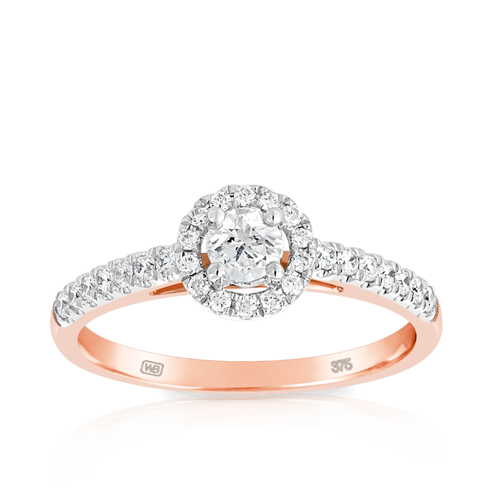 0.25ct TW Round Brilliant Cut Diamond Halo Engagement Ring set in 9ct Rose Gold - Wallace Bishop